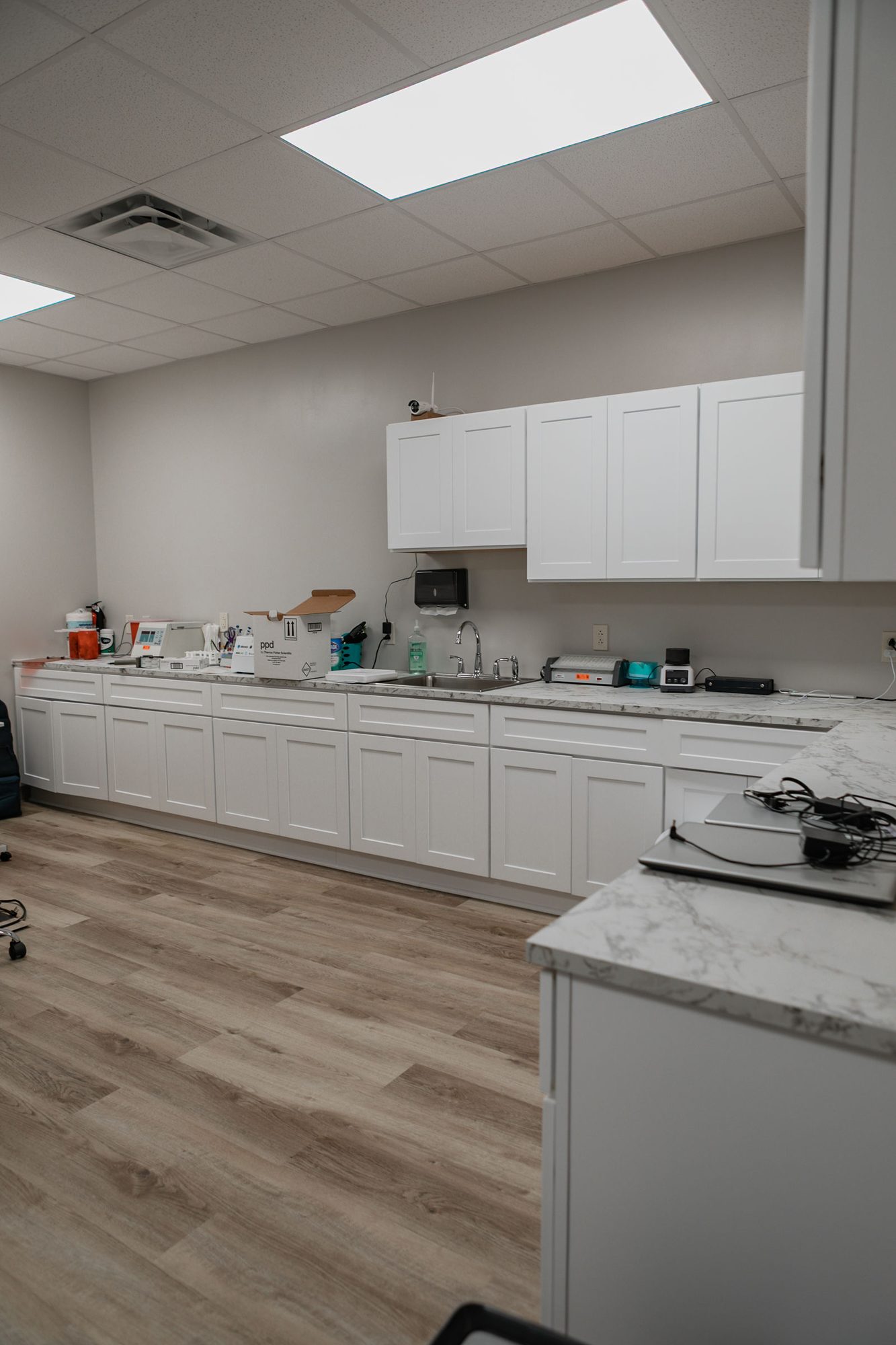 Break room counters and cabinets in an Indianapolis-area commercial build-out